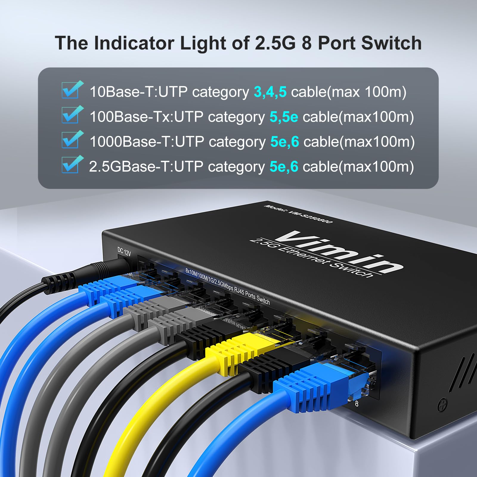 2,5G Switch Unmanaged mit 8 Ports, VIMIN 8x2,5G RJ45 Anschlüsse Switch, Plug&Play 2,5G Ethernet Switch, Metallgehäuse, für Tisch- oder Wandmontage, für Heim und Büronetzwerke
