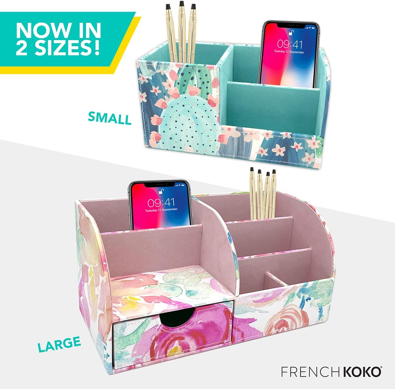 French KOKO Large PU Leather Desk Organizer Cute Pen Holder Office Pencil Holders Organizers Table Top Desktop Art Caddy Accessories Women Kids Girls Work School Storage Supplies (Tye Dye Love) : Office Products
