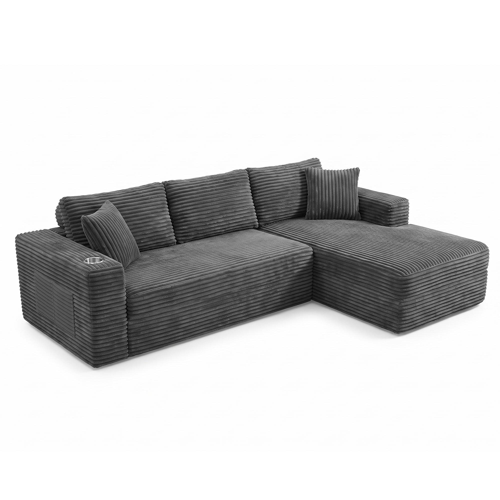 BonVache Ecksofa mit Schlaffunktion, 3-Sitzer Sofa mit Tassenhalter und Seitenfach, Cord Cloud Couch mit Nackenkissen, Tiefer Sitzfläche, L-Form Boneless Couch für Wohnzimmer, Grau