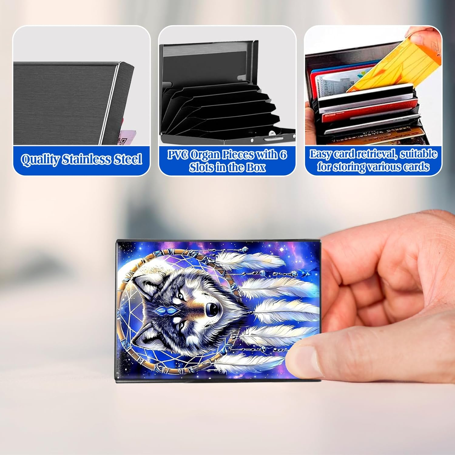 RFID Blocking Credit Card Holder - Slim Metal Wallet for Women & Men,Dreamcatcher Wolf Design Stainless Steel Business Card Case,Compact Pocket Organizer for Travel & Daily Use - Image 3