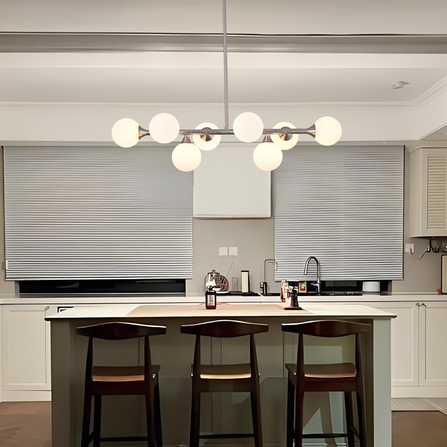 Mid Century Modern Globe Sputnik Chandelier Brushed Nickel, 8-Light Linear Chandeliers for Dining Room and Kitchen Island, Dining Light Fixture Over Table, with White Glass Bubble Shade