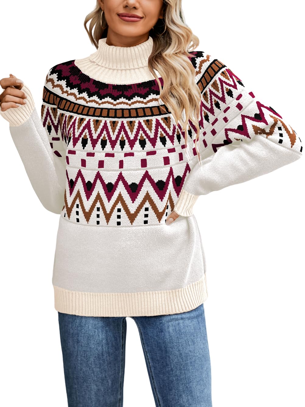 Womens Vintage Fair Isle Sweater Loose Chunky Turtleneck Ribbed Knit Pullover Casual Winter Christmas Sweaters