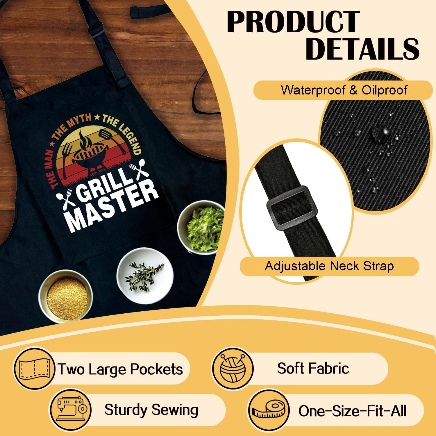 Funny BBQ Aprons Gifts - Grill Master - Men's Grilling Cooking Black Aprons with 2 Pockets, Adjustable Neck Strap - Christmas Birthday Gifts for Men, Dad, Husband, Grandpa, Step Dad, Friend - Image 3