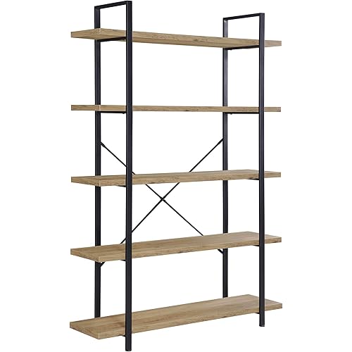 BELLEZE 5-Tier Wood Bookshelf, 70 Inch Industrial Storage Shelves Organizer for Living Room, Pantry, Home Office and Garage, Open Display Shelves with Metal Frame - Rustic Oak