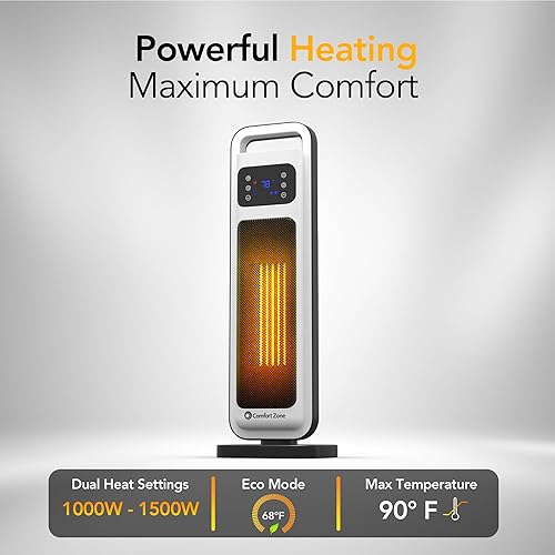 Miniatura 5 de Comfort Zone Calentador de espacio de torre de 26 pulgadas y 1500 W para uso en interiores, control remoto, termostato ajustable, temporizador de 24