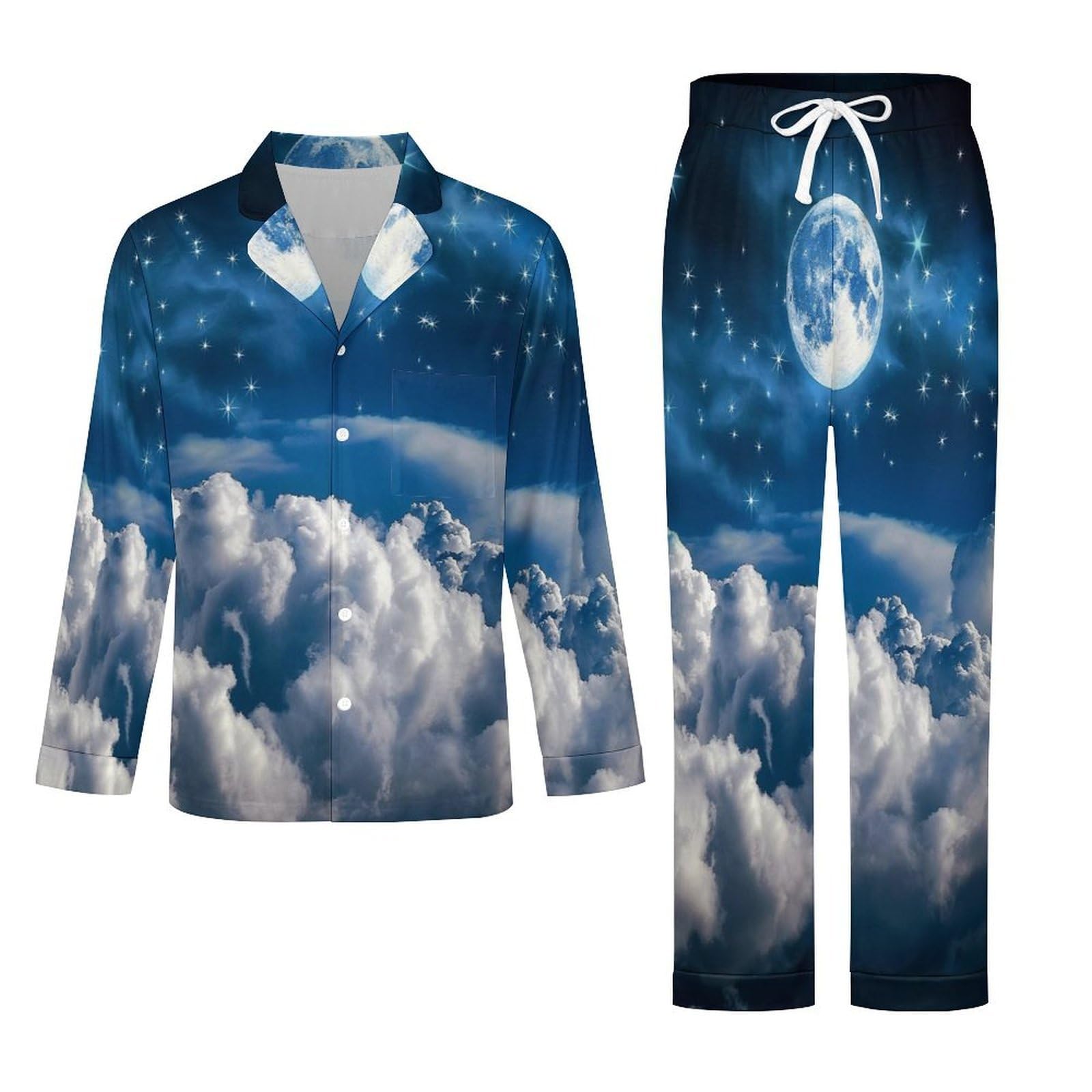 Pigiama da Uomo in Luna Piena nel Cielo Notturno, Due Pezzi Set Completo con Camicia a Maniche Lunghe Bottoni e Pantaloni con Tasche Abbigliamento Casa Blu Scuro