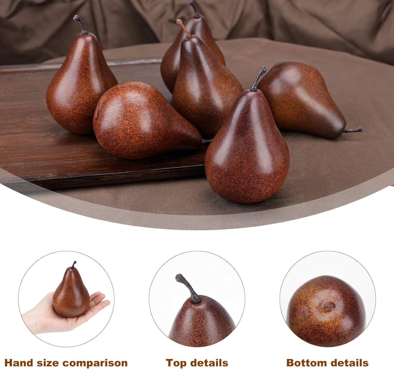 6PCS Fake Brown Pear Artificial Lifelike Fake Fruits Decorative for Kitchen Party Home Ornament House Table Faux Fruit Centerpieces Sketch Photography Prop