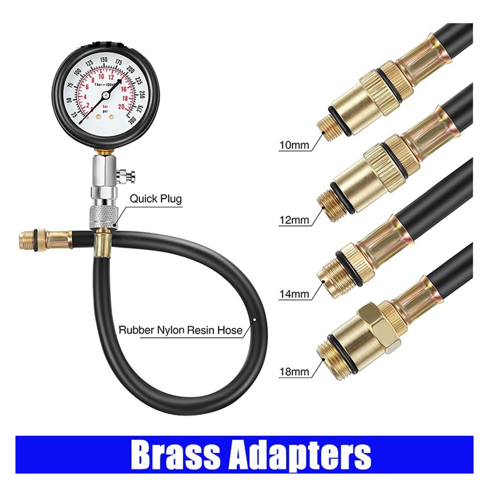 Kit Tester di Compressione for Motori A Benzina, Manometro Professionale for Bombole G326 for Set di Strumenti Automatici for Motori A Benzina (0-300 PSI) per Auto, Moto, Camion(No Box)
