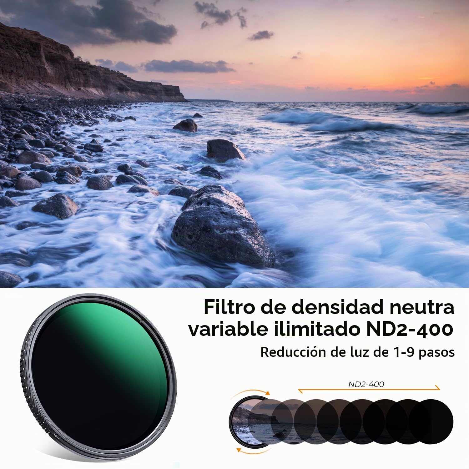 K&F CONCEPT Nano-Dazzle 58mm Filtro Variable ND2-400 (1-9 Stops) | Filtro Densidad Neutral Ultrafino HD de Rosca de Vidrio Óptico con Revestimiento Nano para Objetivo - FN501
