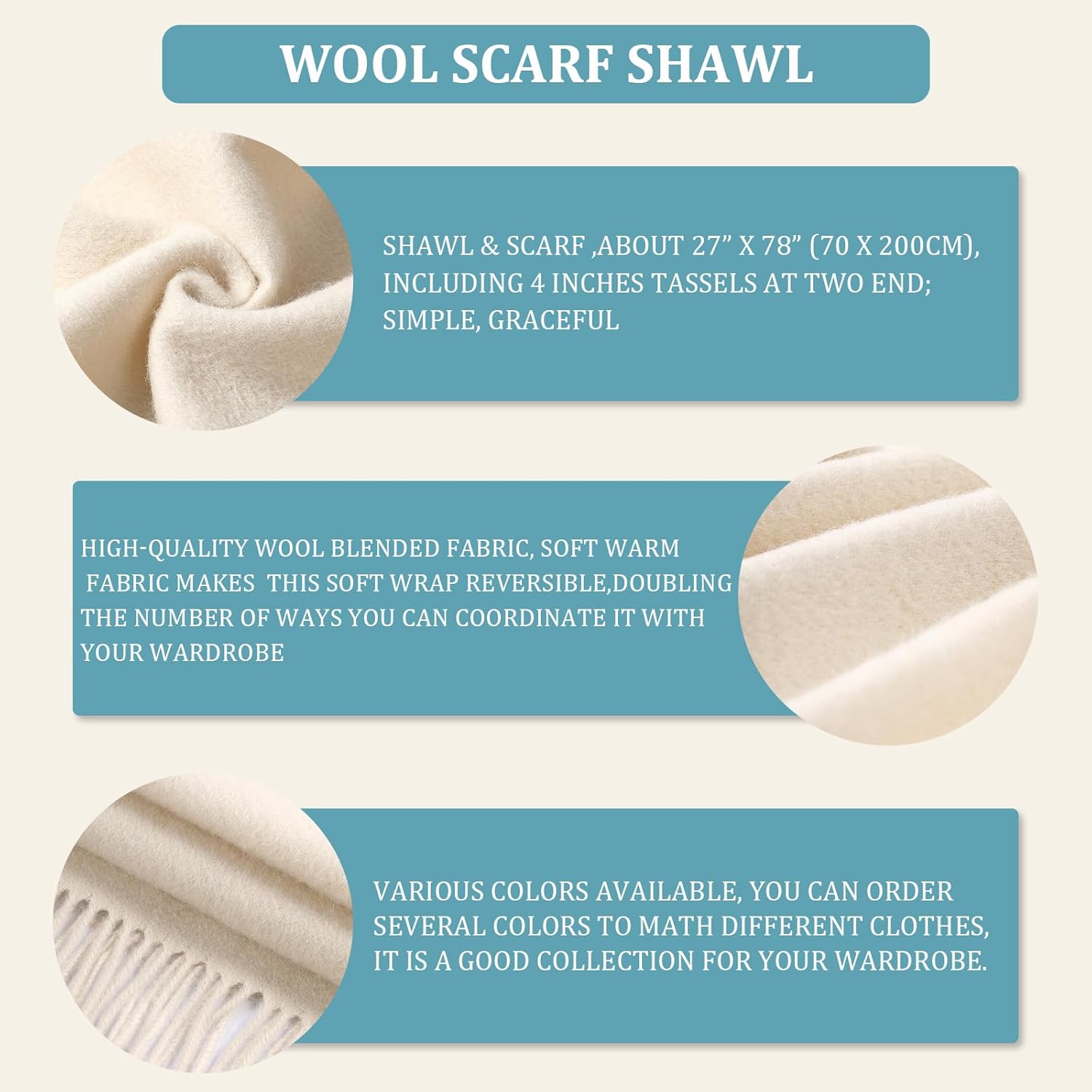 Winter Wool Scarf Shawl -Thick Oversized Pashmina Shawl Wrap,Soft Warm Winter Scarves,Travel Blanket Scarf for Women - Image 5