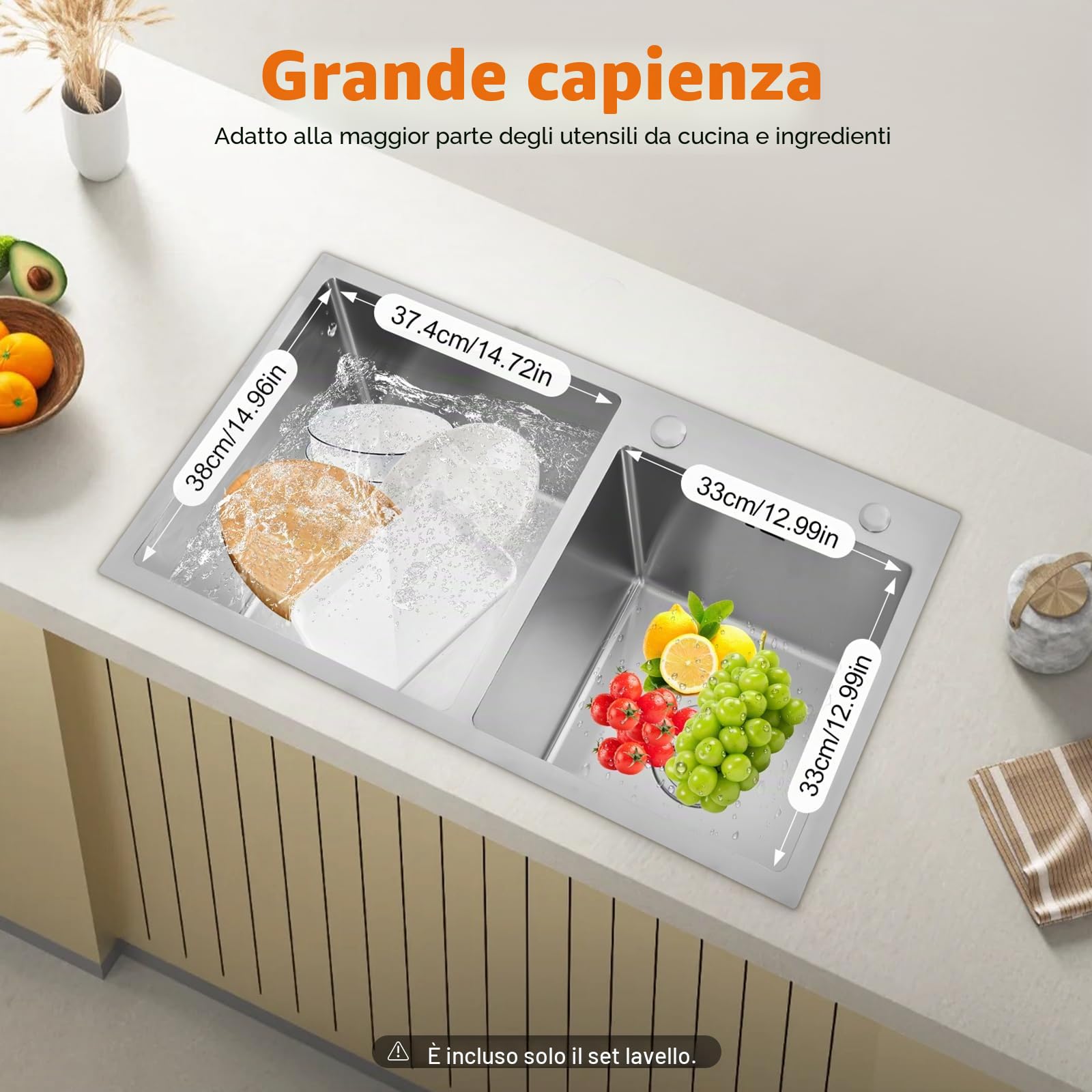 Lavello da cucina 78x43cm argento, lavello da cucina in acciaio inossidabile doppia vasca 2 vasche lavello da incasso lavello sottopiano con set sifone lavello da incasso qualità alimentare lavello