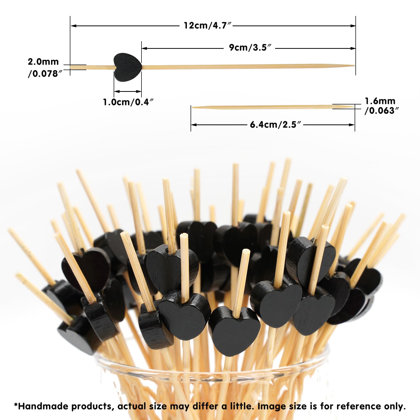 Minisland Black Love Heart Cocktail Picks, 4.7 Inch Long Bamboo Fancy Toothpicks for Appetizers, Decorative Halloween Holiday Party Food Drink Garnish Fruit Kabobs Skewer Sticks 100 Counts -MSL444