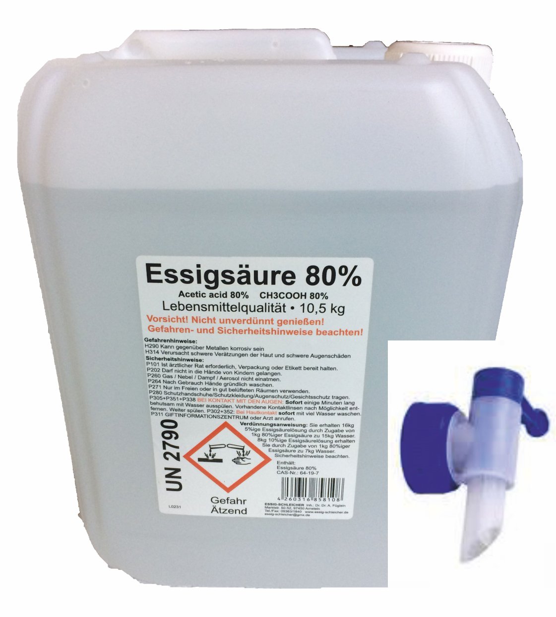 Schleicher's 10 kg Essigsäure 80% LEBENSMITTELQUALITÄT E 2 60, mit AUSLASSHAHN
