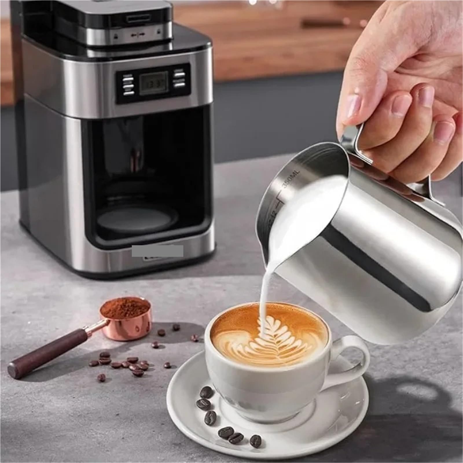 Jarra de espuma de leche de acero inoxidable, 2 uds., con marca de medición y bolígrafo de Arte Latte, fabricación de Arte Latte manual Para café(Silver-600ML-set)