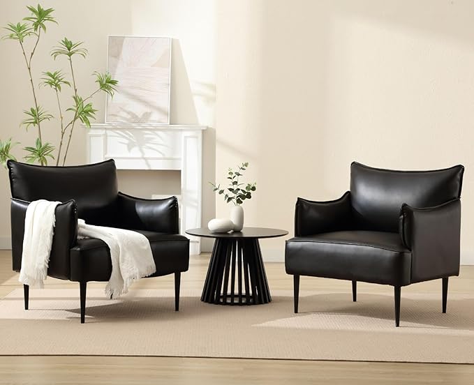 ZSARTS Black Leather Accent Chairs Set of 2, MidCentury