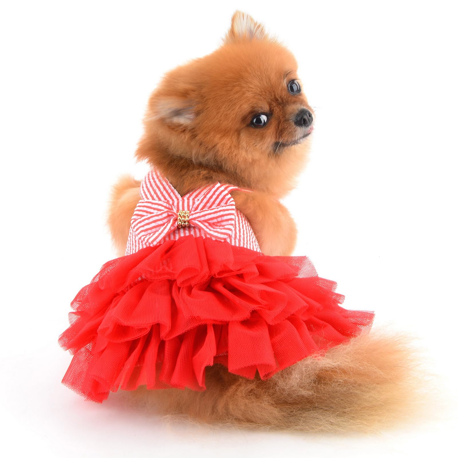 PAIDEFUL Small Dog Dress Striped Denim Organza Bow Beads Tutu Skirt Summer Soft Comfortable Breathable Puppy Clothes Sleeveless Button Kitten Apparel - Image 3