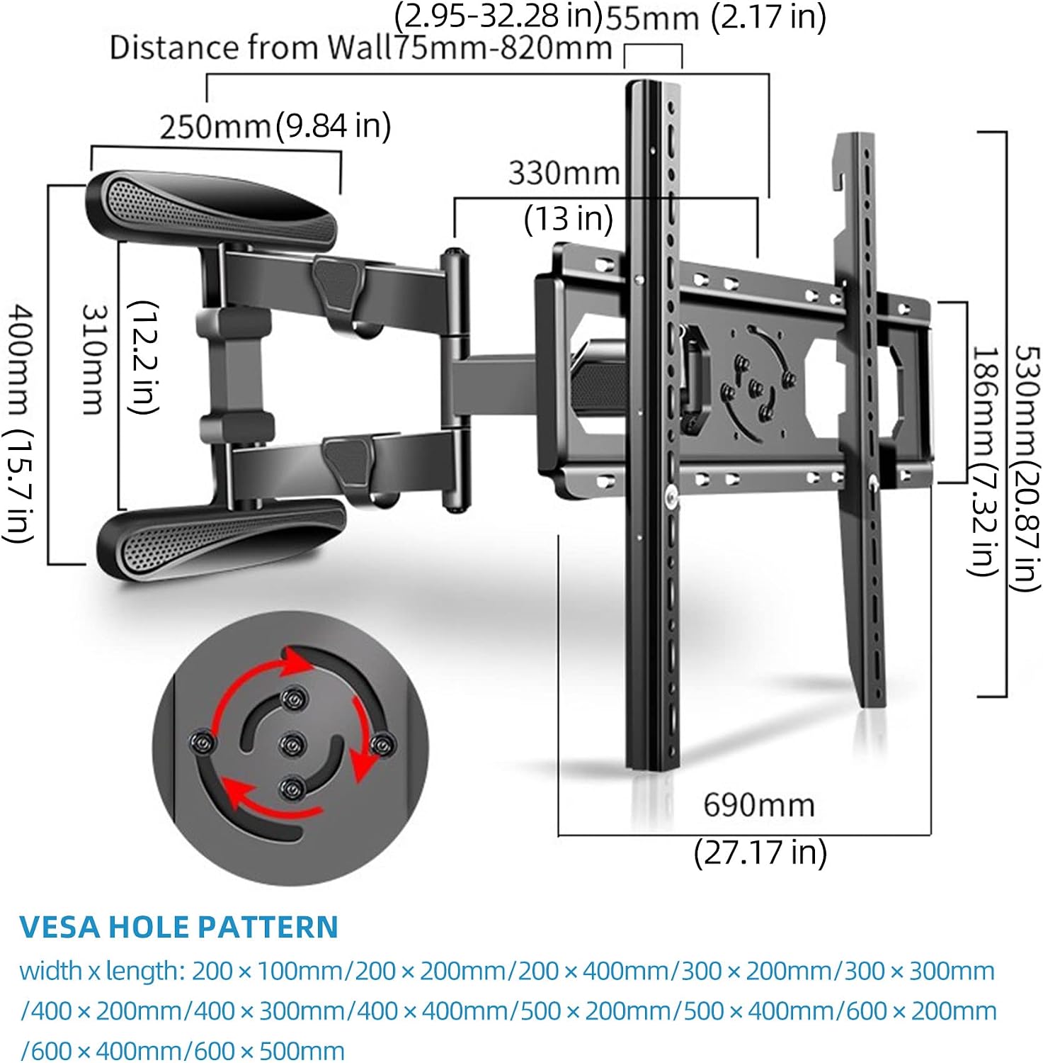 Vertical TV Wall Mount, 40-80" 90° Portrait Landscape Rotation Corner Bracket, Anti-Sagging Shaft, 5-Axis Anti-Loosening Full Motion, 2-Level Centering Hooks, 32 Inch Extension, 110 lbs
