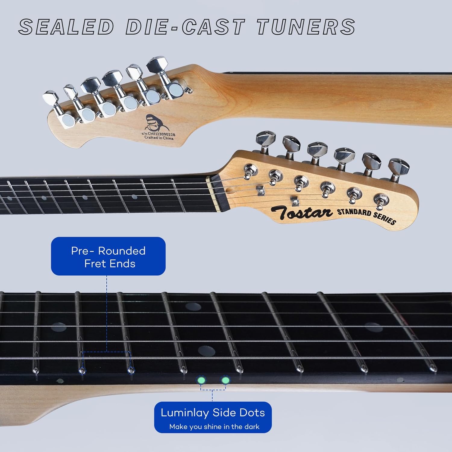 Tostar Electric Guitar Kit with Amp, 39" Full Size 6 String, Lightweight, Rounded Body Design, 5-Way SSH Pickup Switch, 2 Tone & 1 Volume Knobs, Beginner Electric Guitar for Man Woman Lake Placid Blue