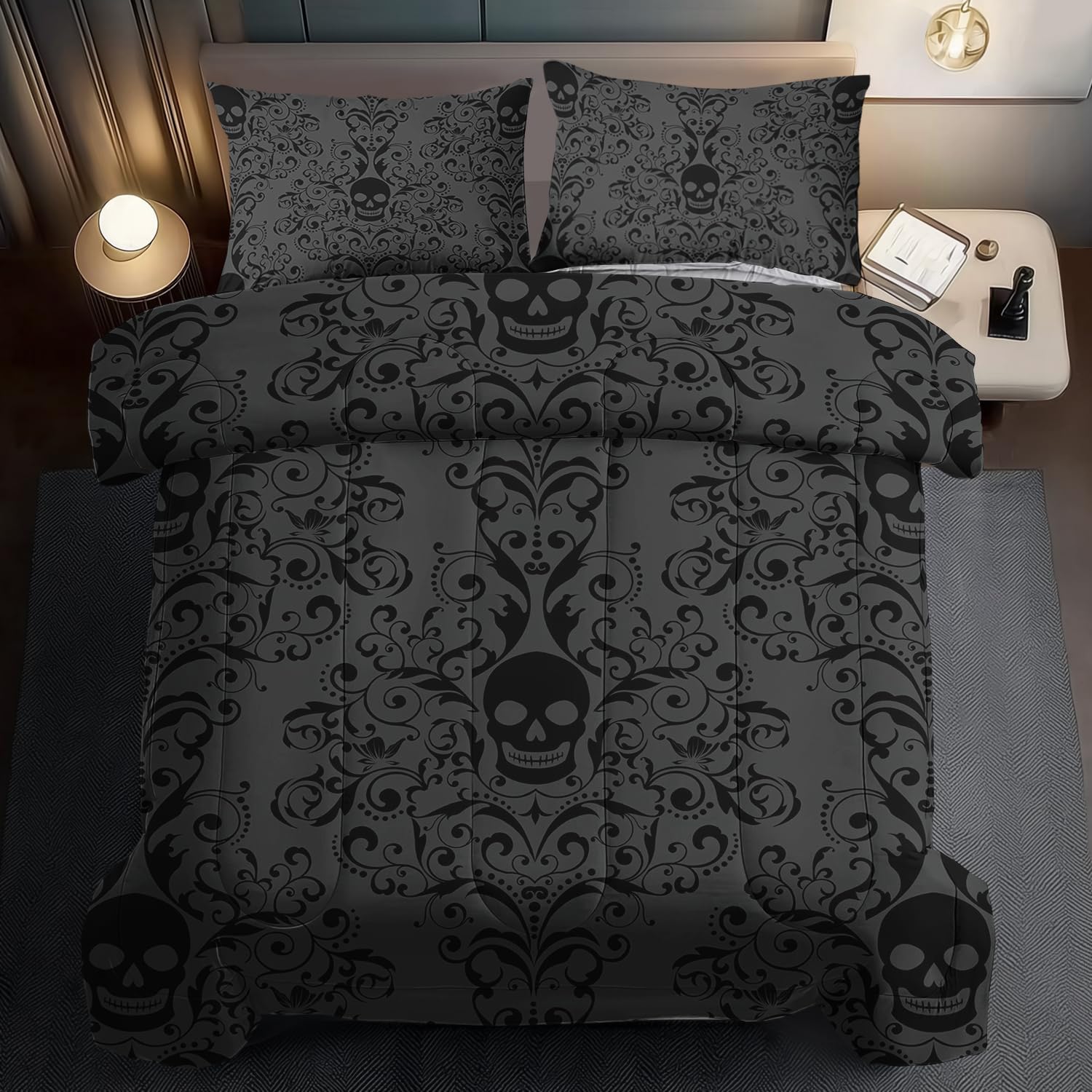 Halloween Skull Comforter Set Queen Boys Hippie Bedding Set for Teens Black Goth Comforter Queen Girls Quilt Gothic Bedroom Decor Skull Bedding Halloween Home Decor