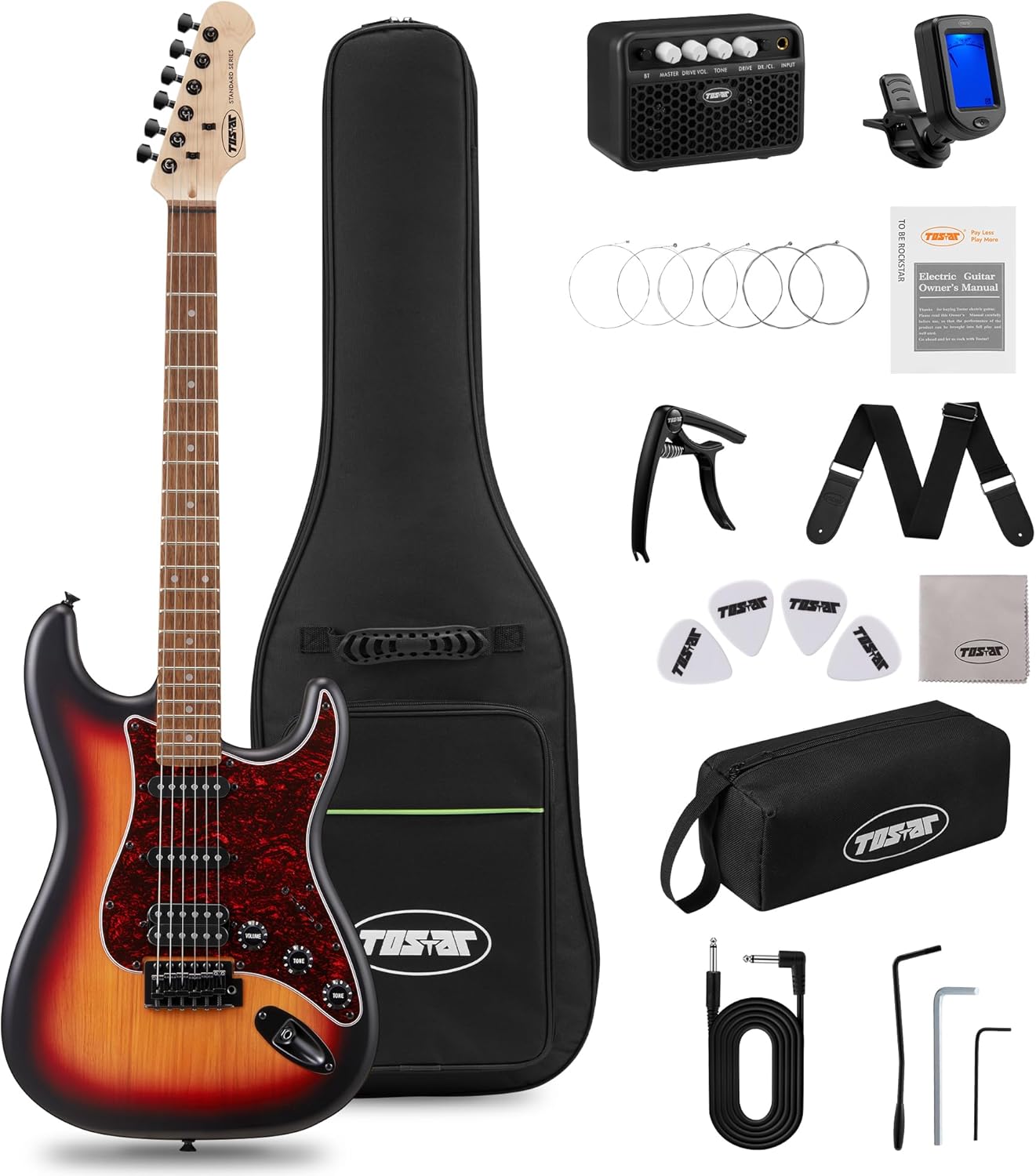Tostar Electric Guitar Full Size Kit for Beginners 6 String Bundle with Amp SSH Pickup with Gig Bag,Capo,Tremolo, Strap, Picks Sunburst Electric Guitars 39″ for Gifts