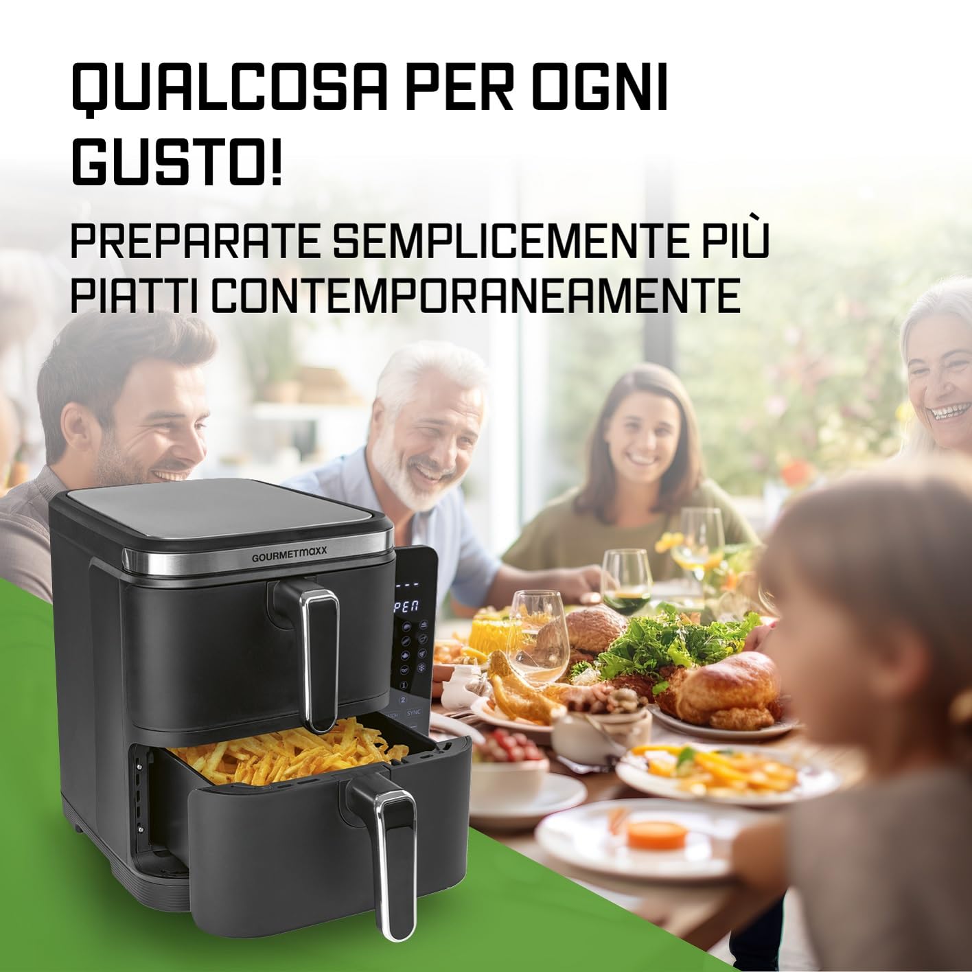 GOURMETmaxx FryUp Friggitrice verticale ad aria calda a doppia camera | Friggitrice 10 litri | 4 piatti su 4 livelli | Display touch richiudibile | 32% in più di risparmio di spazio | Calda 2 camere