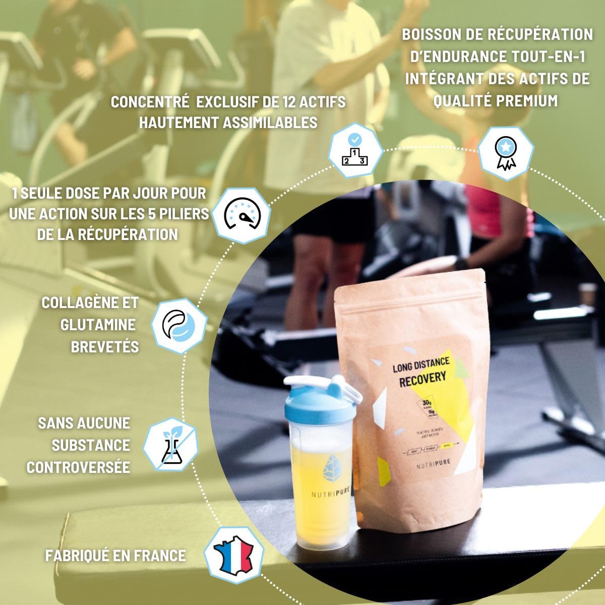 Nutripure | Boisson de récupération Long Distance – Endurance & Ultra | Protéines, Glucides, Collagène, Glutamine | Récupération Musculaire & Énergétique | Post-effort Trail, Vélo, Triathlon | 15 dose