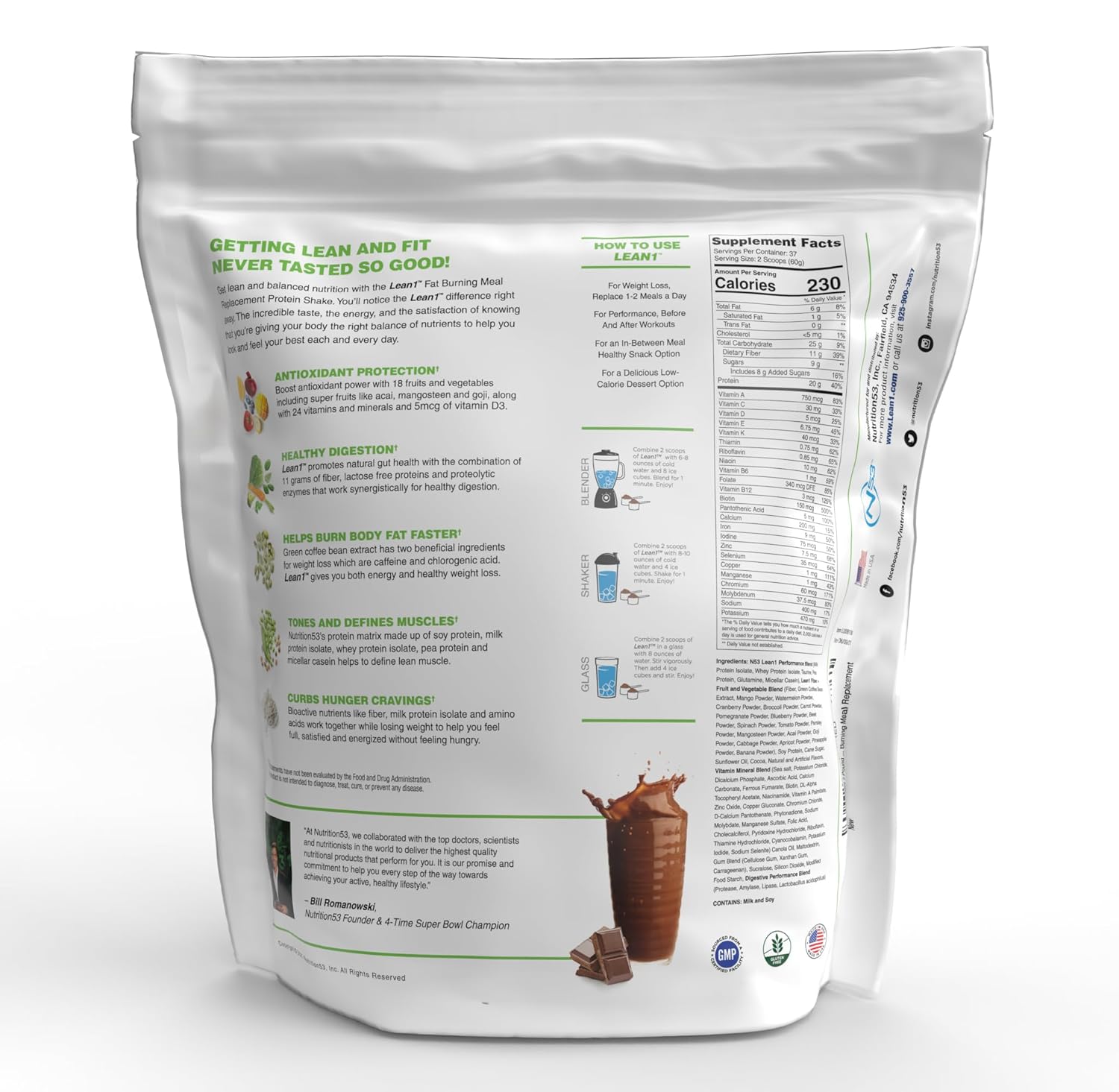 Lean1 Chocolate, Meal Replacement Protein Shake, 37 Servings in a 5lb Bag
