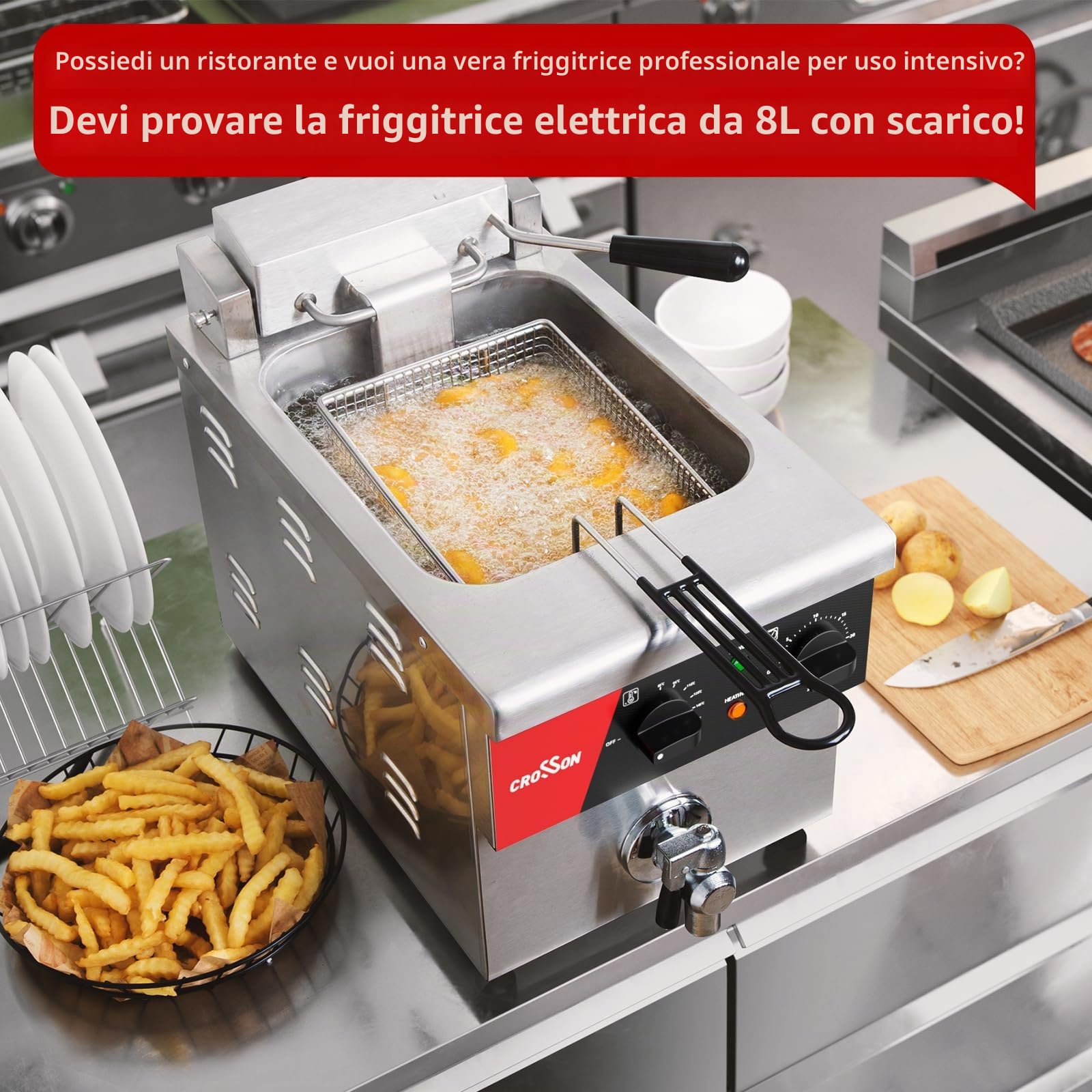 CROSSON Friggitrice Professionale 8 Litri,230V/3250W Friggitrice Elettrica ad olio Commerciale in Acciaio Inox con Rubinetto di Scarico,Controllo Temperatura 80-200°C,per Cucina Ristorante