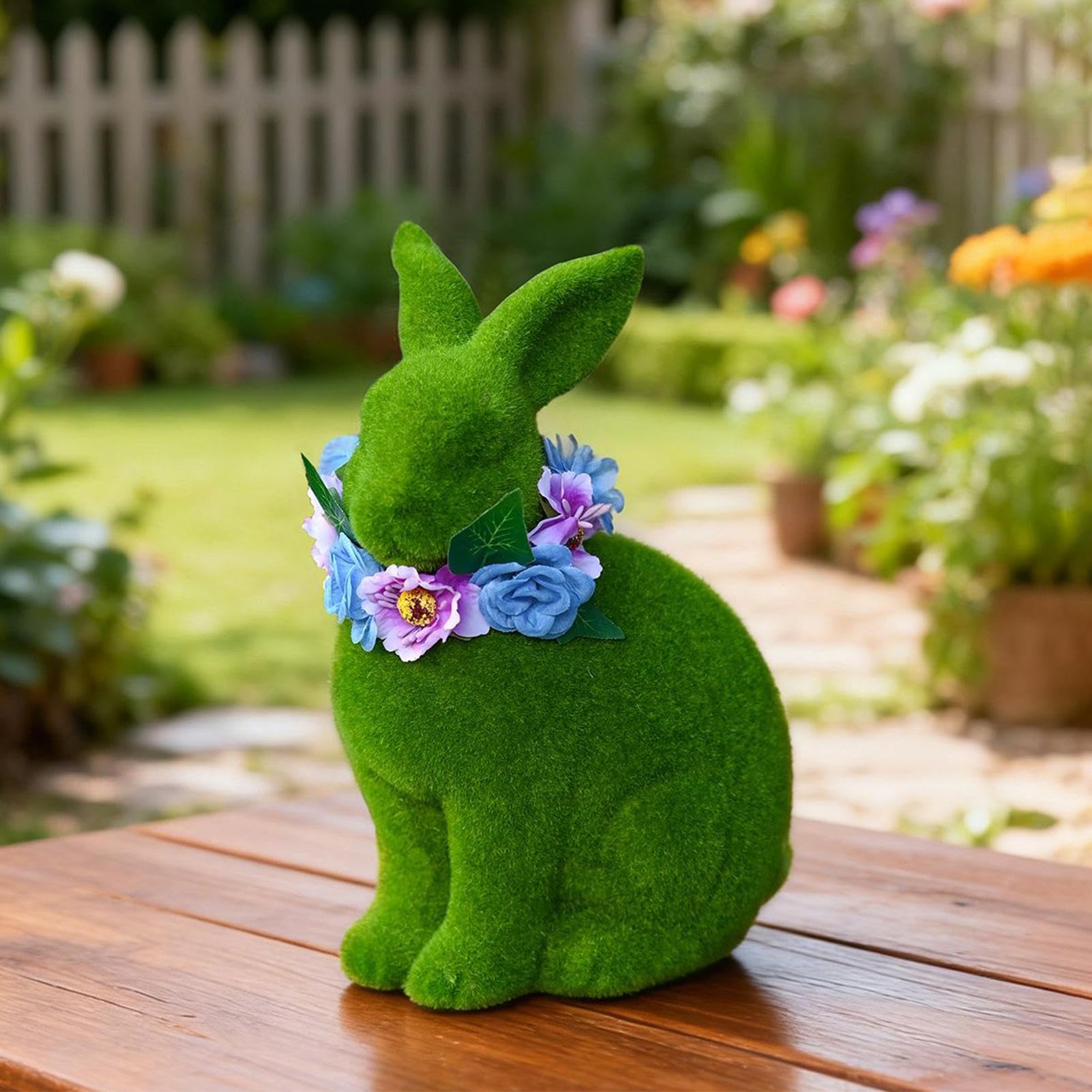 Statua da Giardino a Forma di Coniglio con Ghirlanda di Fiori in Resina | Posavasos para Hacer Cócteles Portátil per Prato Ingresso Tavolo Angolo Interno Ufficio Scrivania