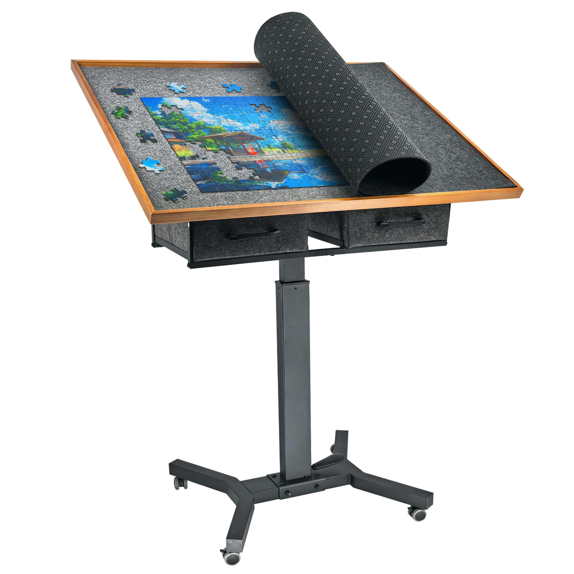 Jigsaw Puzzle Table on Wheels : Jigsaw Board Size 90x70x98cm Puzzle Board 1500 pieces Rotating and Tilting Adjustable Tables, Storage Drawers Puzzles for Adults Rotating Wheel