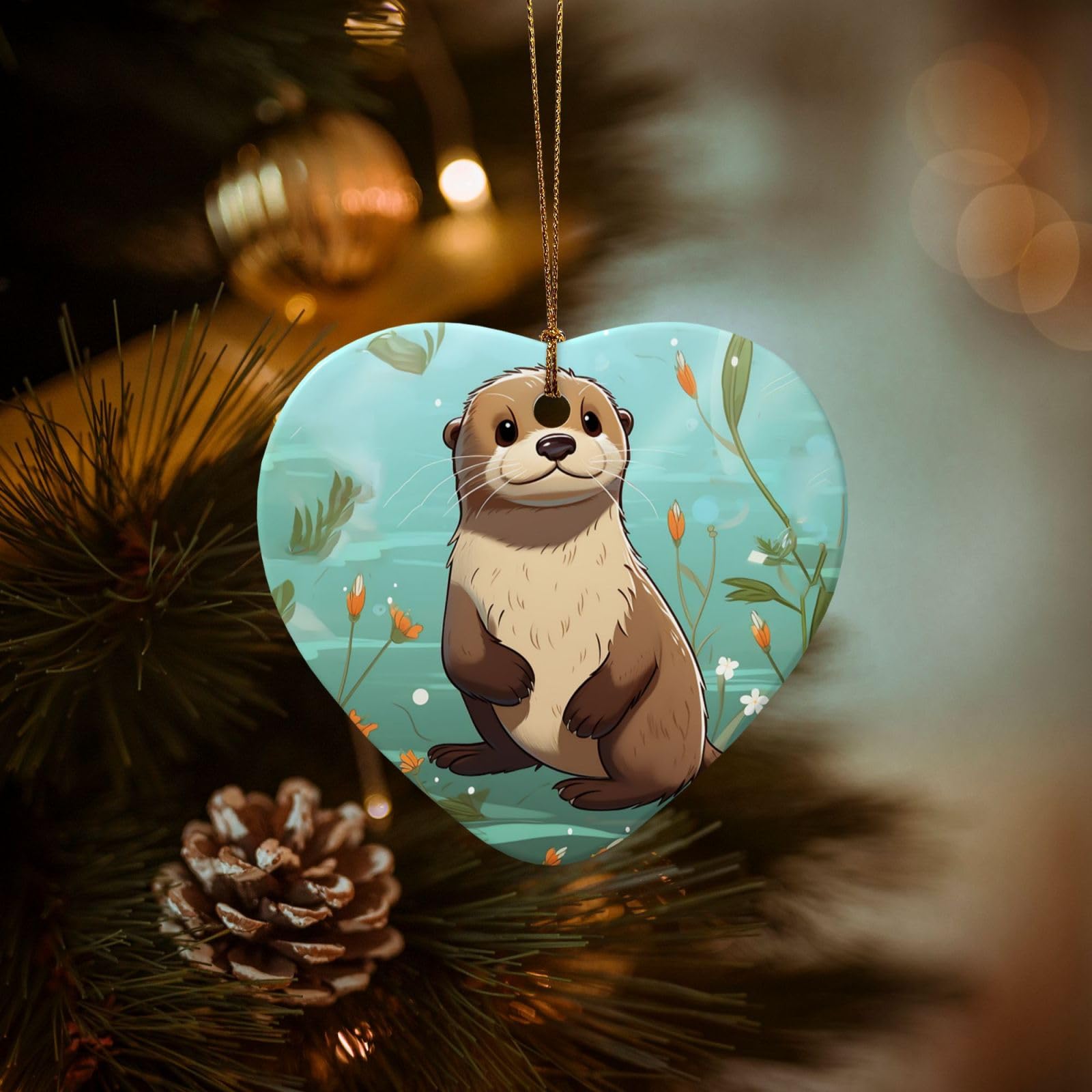 Christmas Ornaments for Christmas Tree Decoration Hanging Cartoon Cute Otter Ornament with Gold Ribbon Crafts Heart Shape Ceramic Pendant for Keepsake Gifts Xmas Decor Party Supplies