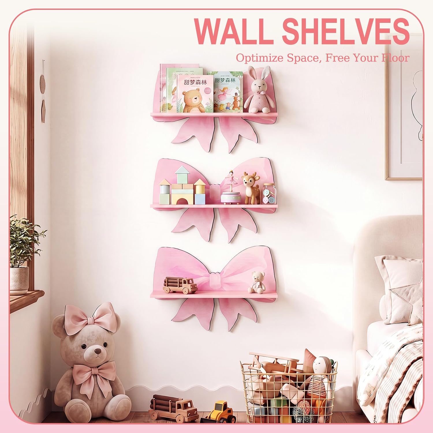 Novabright 3 Pcs Pink Bow Floating Shelves Pink Bow Nursery Wall Shelves Decor Wooden Floating Shelf Organizer Room Storage for Books Toys Bedroom Accessories Nursery Home Room Office