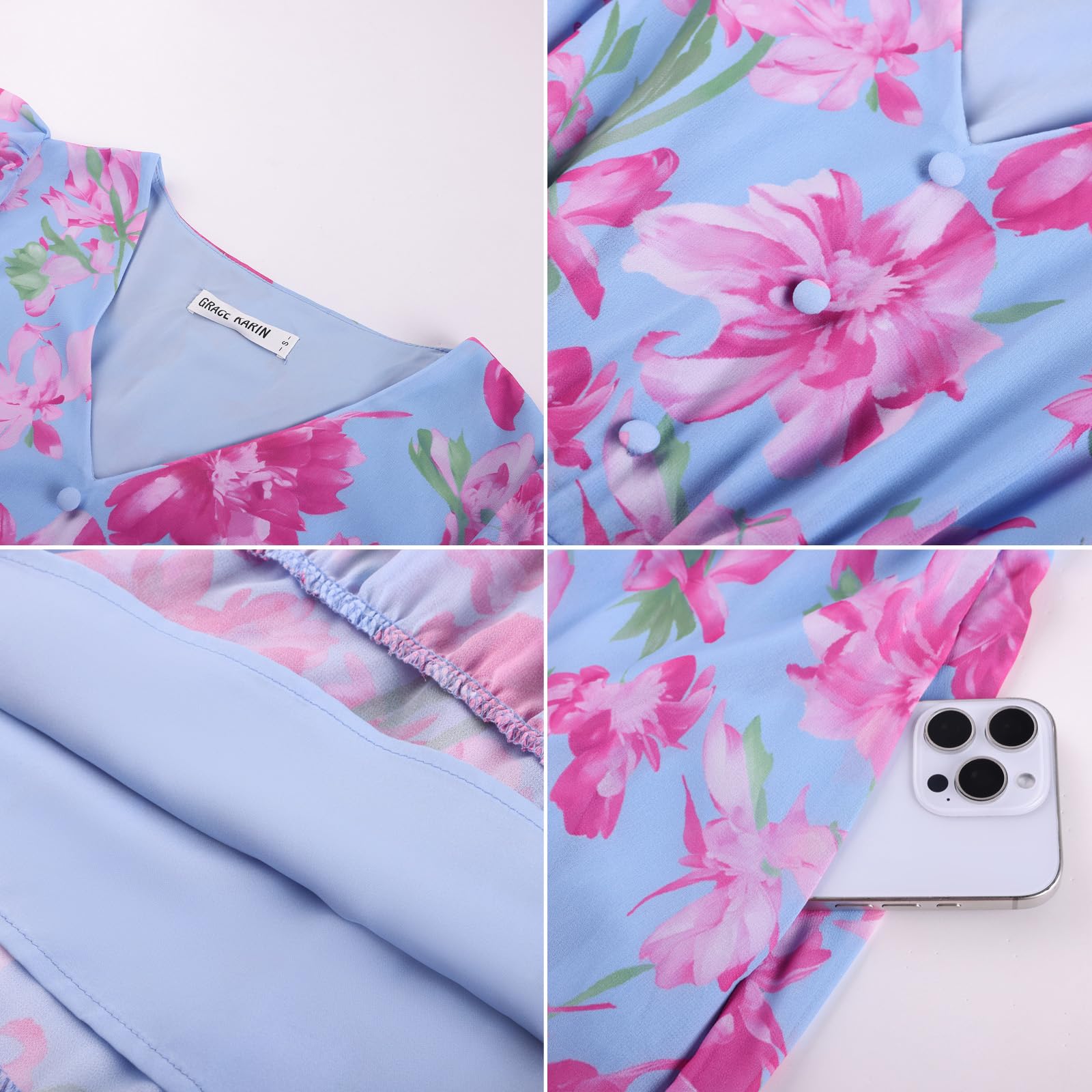 GRACE KARIN Abito estivo da donna con scollo a V, motivo floreale, con tasche, maniche a volant, linea ad A, aderente in vita