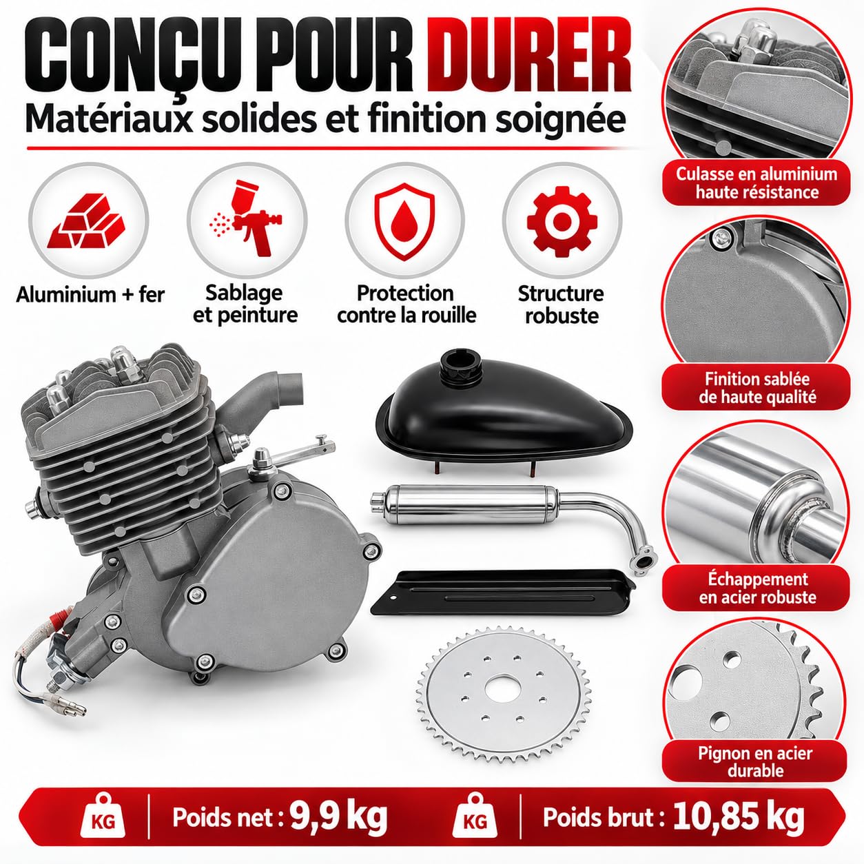 Kit motore per bicicletta da 80 cc, motore a benzina a 2 tempi, monocilindrico raffreddato ad aria, con accensione CDI, catena a 44 denti, serbatoio da 2 l, per telai da 26-28 pollici, portata massima