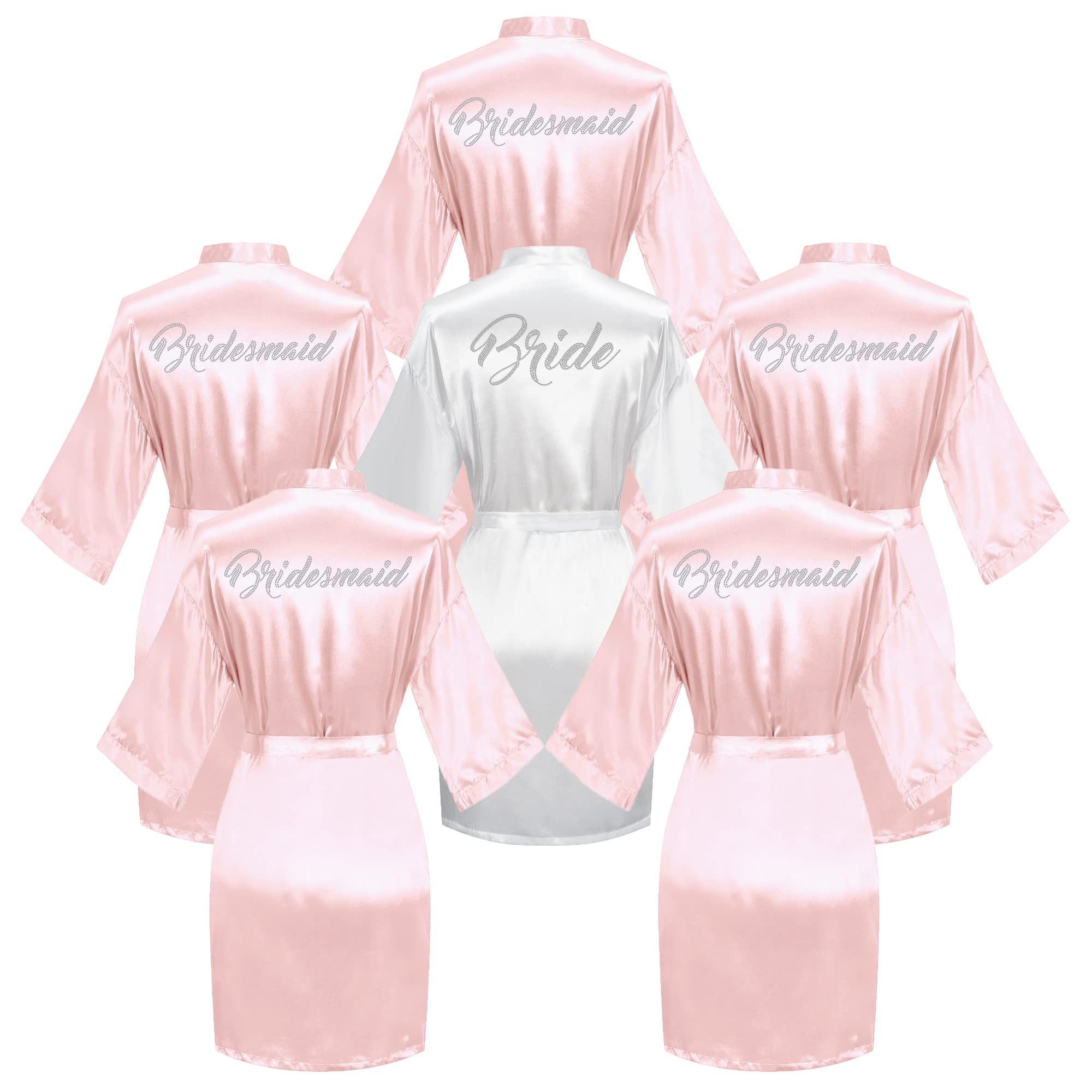 Bata de baño de 6 piezas para novia y dama de honor con diamantes de imitación, vestido tipo kimono