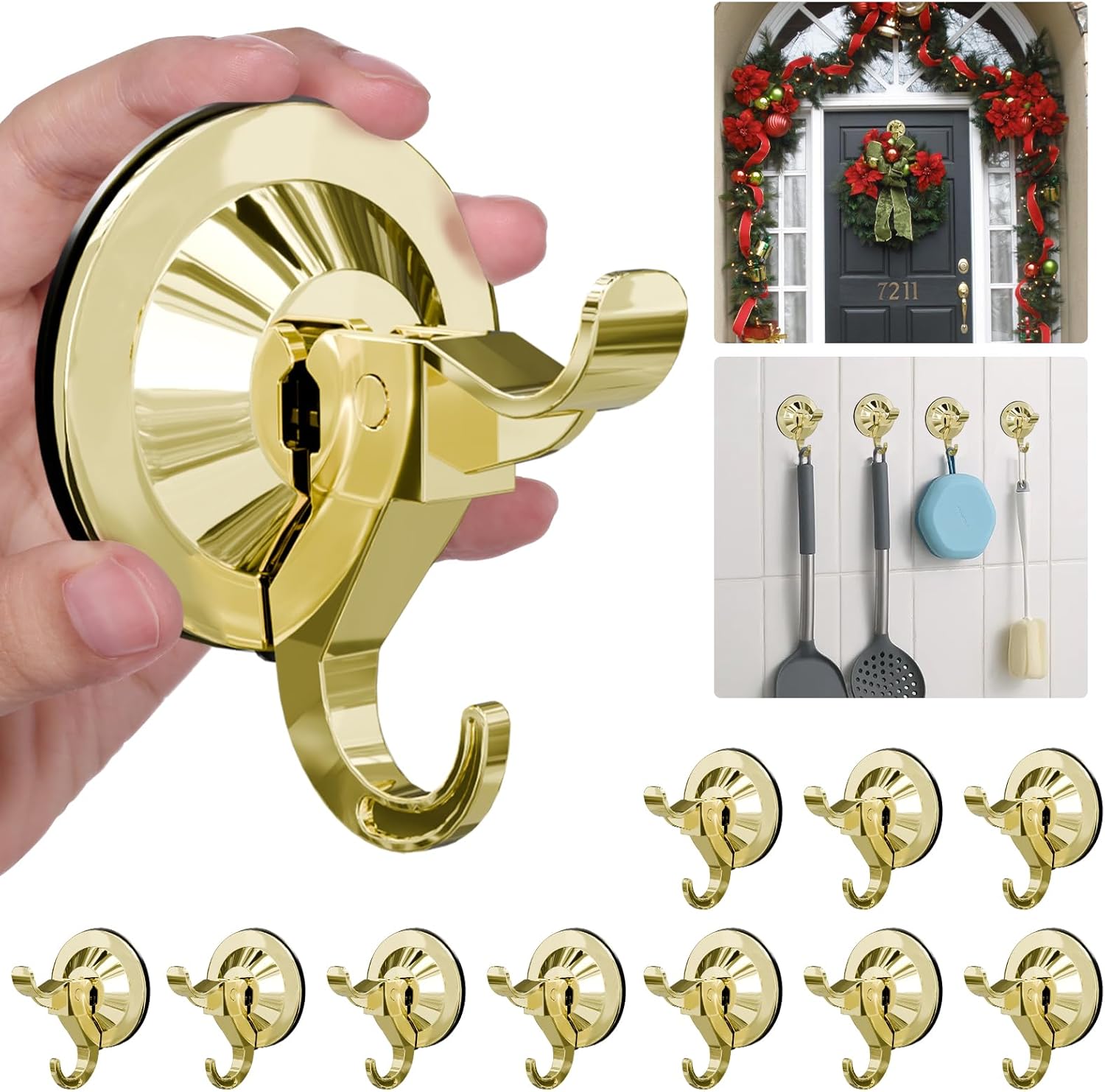 Antimbee Shower Suction Cup Hooks, 10 Pack Removable Glass Wall Holder Hook, Small Suction Utility Hook for Bathroom Kitchen Decor, Up to 11 lbs on Smooth Surface-2 Hooks Design (Gold)