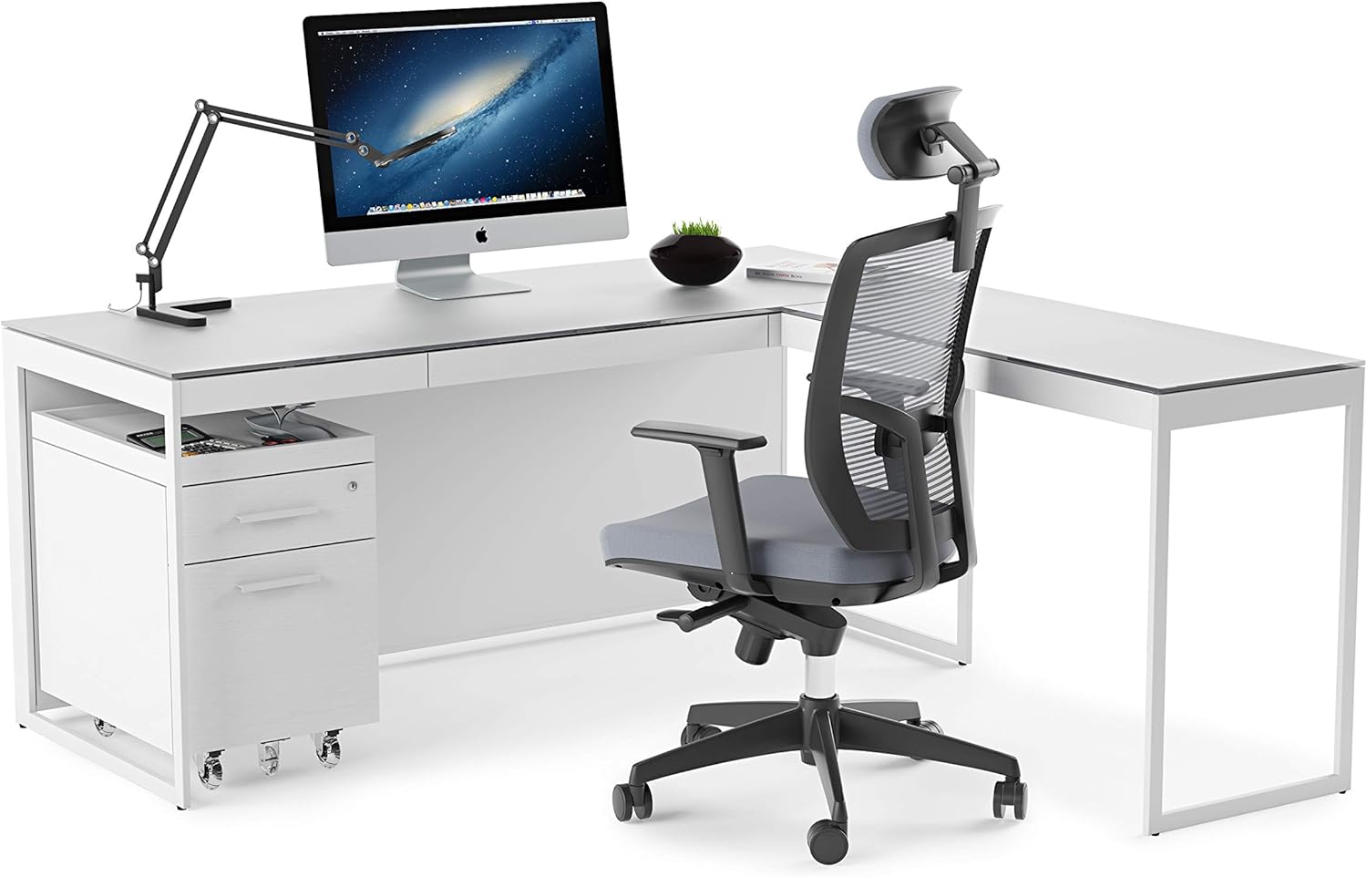 BDI Furniture Centro 6402 Office Desk Return, 40" x 18" for use on Left Side or Right Side of Centro 6401 Office Desk, Satin White/Grey Etched Glass