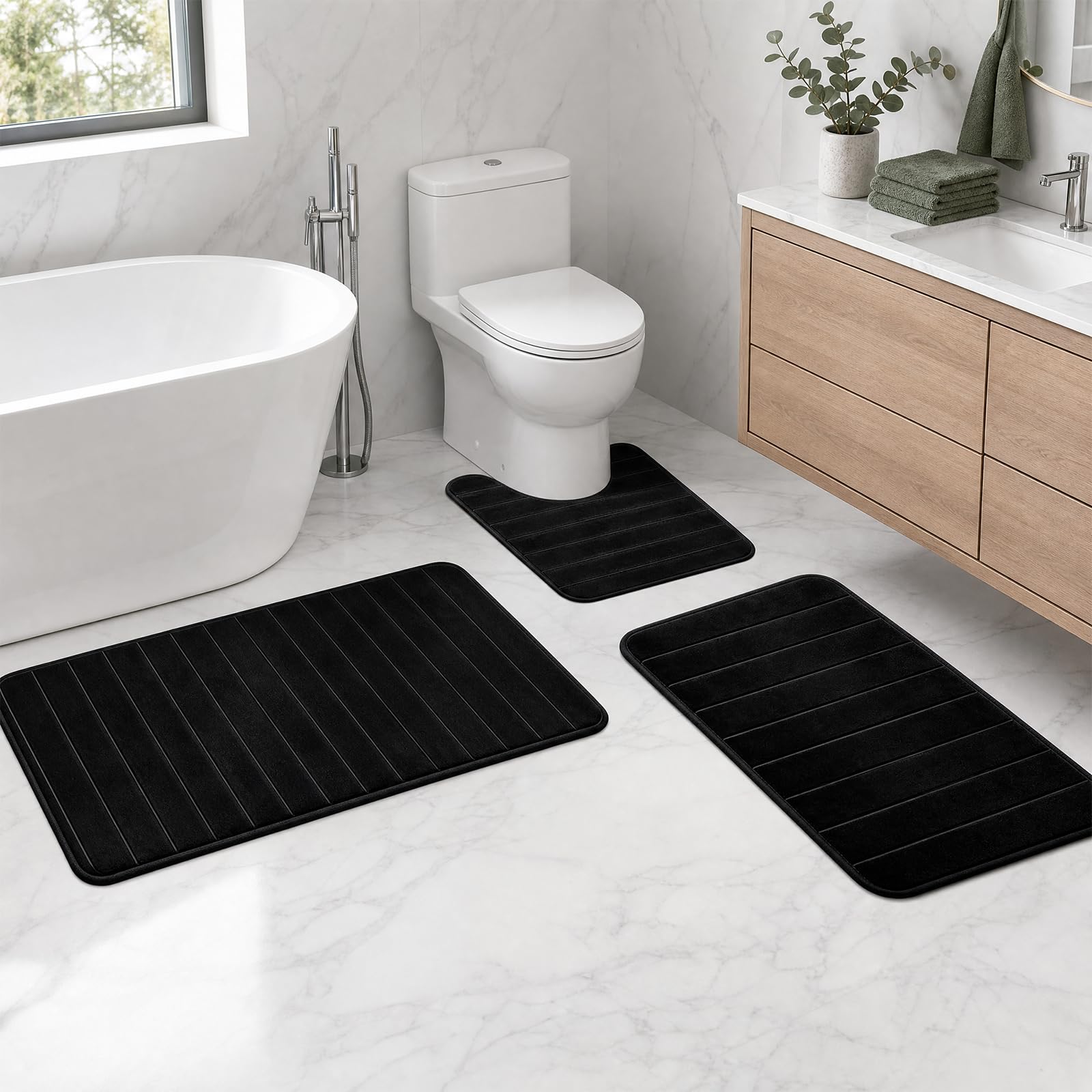 Yongyann 3-Piece Non-Slip Bath Mat Set, U-Shaped Toilet Mat & Shower Rug