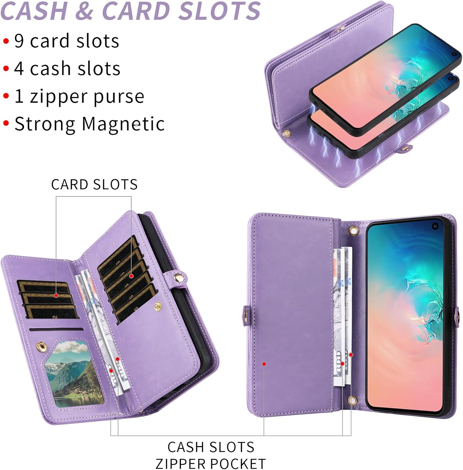 Asuwish Phone Case for Samsung Galaxy S10e Zipper Wallet Detachable Cell Cover with Tempered Glass Screen Protector Crossbody Lanyard Strap Bling Glitter Flip Card Holder S 10e 10se Se10 Women Purple