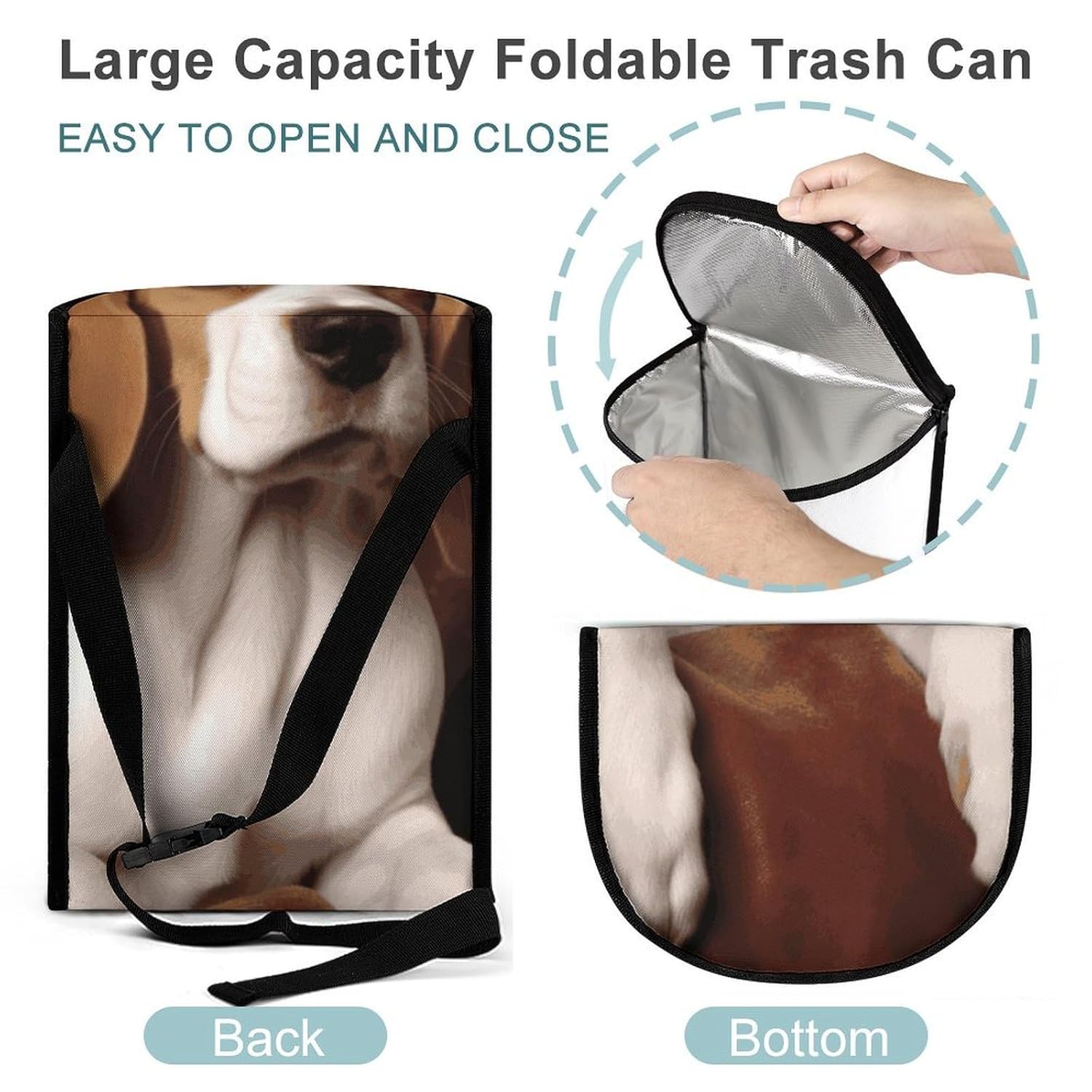 MUSM Leakproof Car Trash Can 2.5 Gallon, Durable Automotive Garbage Bag with Waterproof Liner, Ovely Pet Dog Beagle Trash Bag for Car, Truck, RV & Bathroom