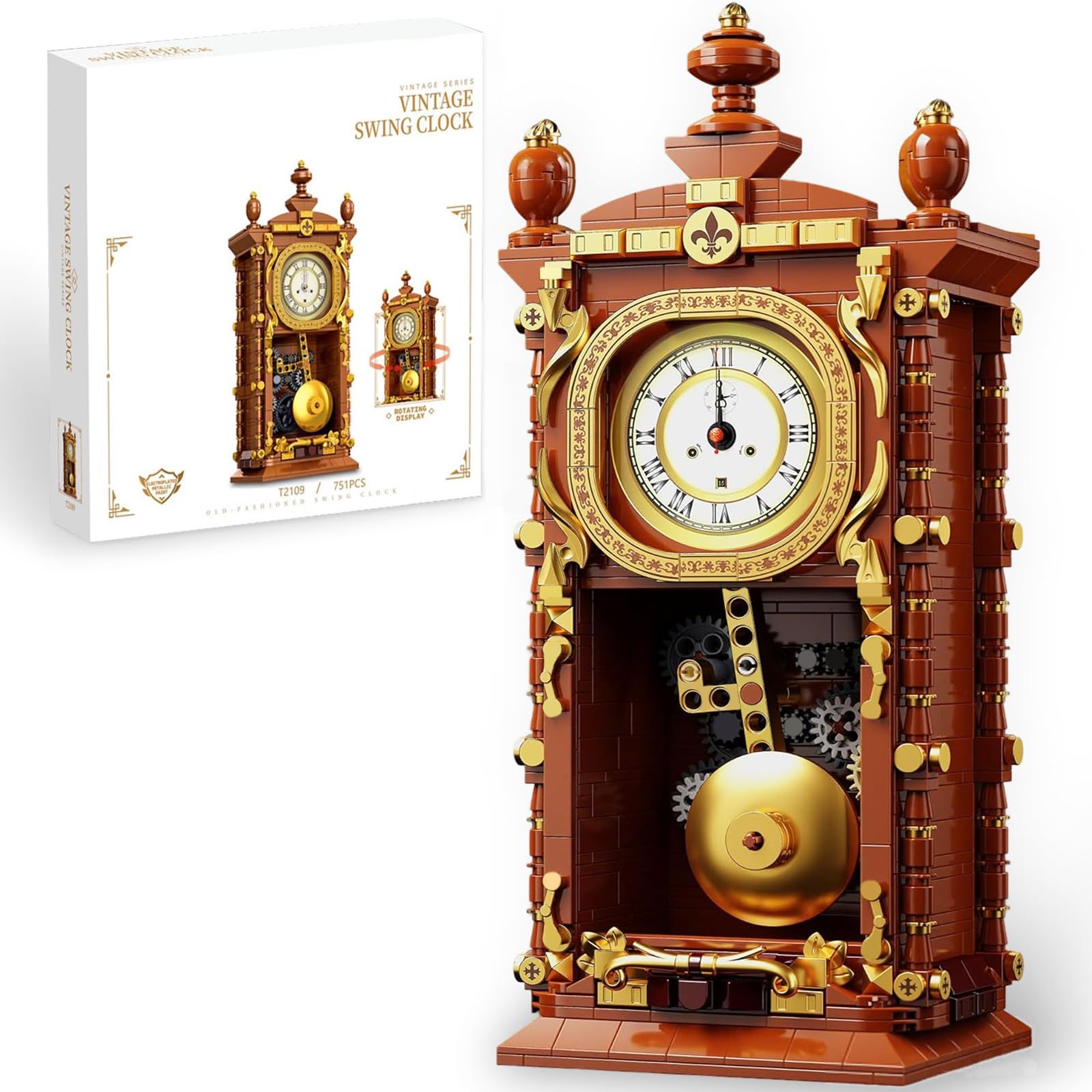 HIGH GODO Vintage Pendulum Clock Building Block Set,751 PCS Retro Classic Swing Pendulum Design with Real Clock Function and Linkable Mechanical Unique Home Decoration for Adults and Teen