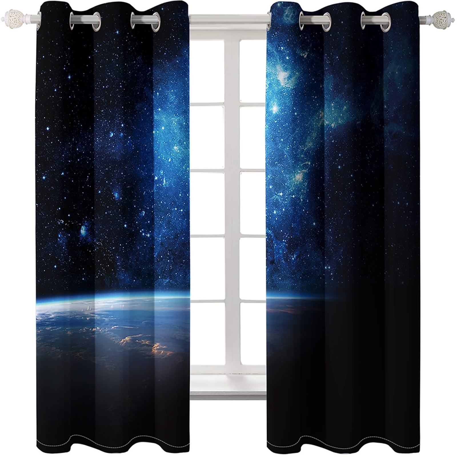 Rideau Cuisine Long, Rideau Anniversaire Noir Bleu Polyester Galaxie Décoration pour Fenêtre 96L x 183H CM Lot de 2