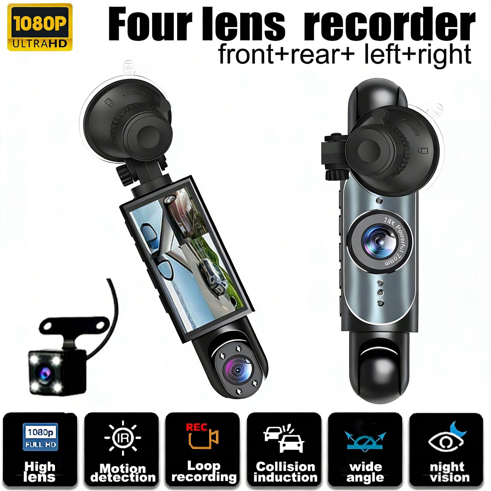 Cryfokt Dashcam 4, Registratore Auto Anteriore Posteriore Sinistra | Materiale ABS, Batteria Li-ion 150 MAh, Supporto App WiFi, Memoria Fino a 128 GB