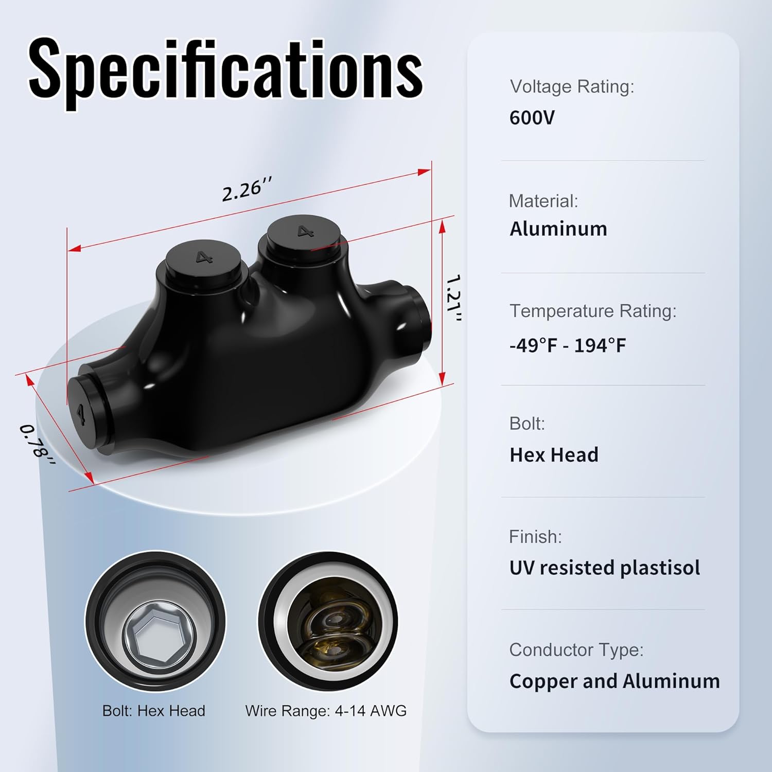 6 Pack Insulated Inline Splice Connector 4-14 AWG Aluminum to Copper Wire Connectors 5/32" Slotted Allen Hex Black Electrical Cable Connectors