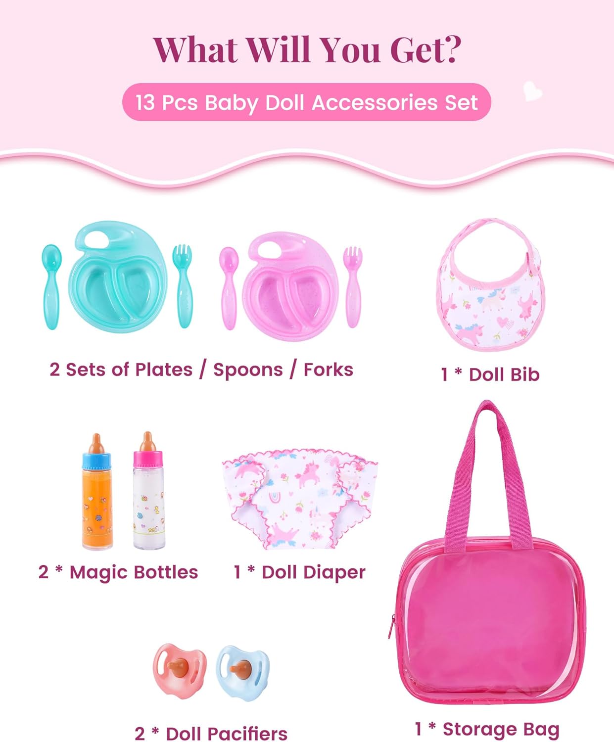 BABESIDE 13 Pcs Baby Doll Accessories Set with Magic Bottles Diapers Pacifiers and Storage Bag, Baby Doll Feeding Set with Realistic Baby Doll Accessories for Girls Pretend Play Toys