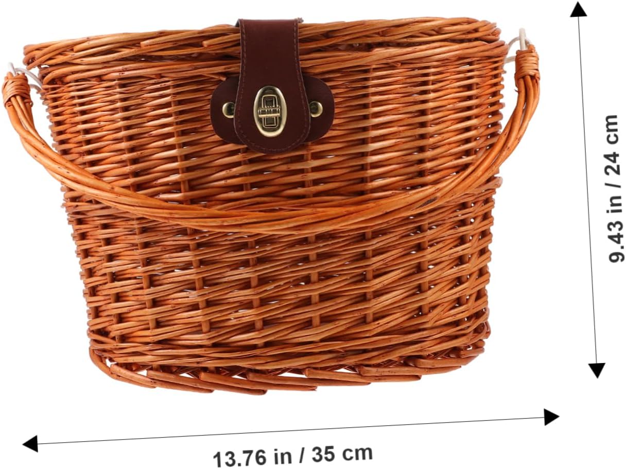GANAZONO Wicker Front Bike Basket with Lid and Handle Brown Woven Bicycle Handlebar Basket for Adult Bikes Cycling Accessories