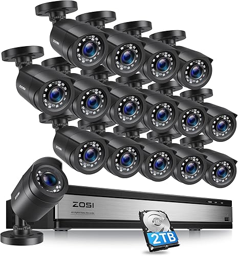 ZOSI H.265+ Sistema de cámara de seguridad de 16 canales 1080p, grabadora DVR híbrida con disco duro de 2 TB y cámara CCTV Bullet de 16 x 2MP para