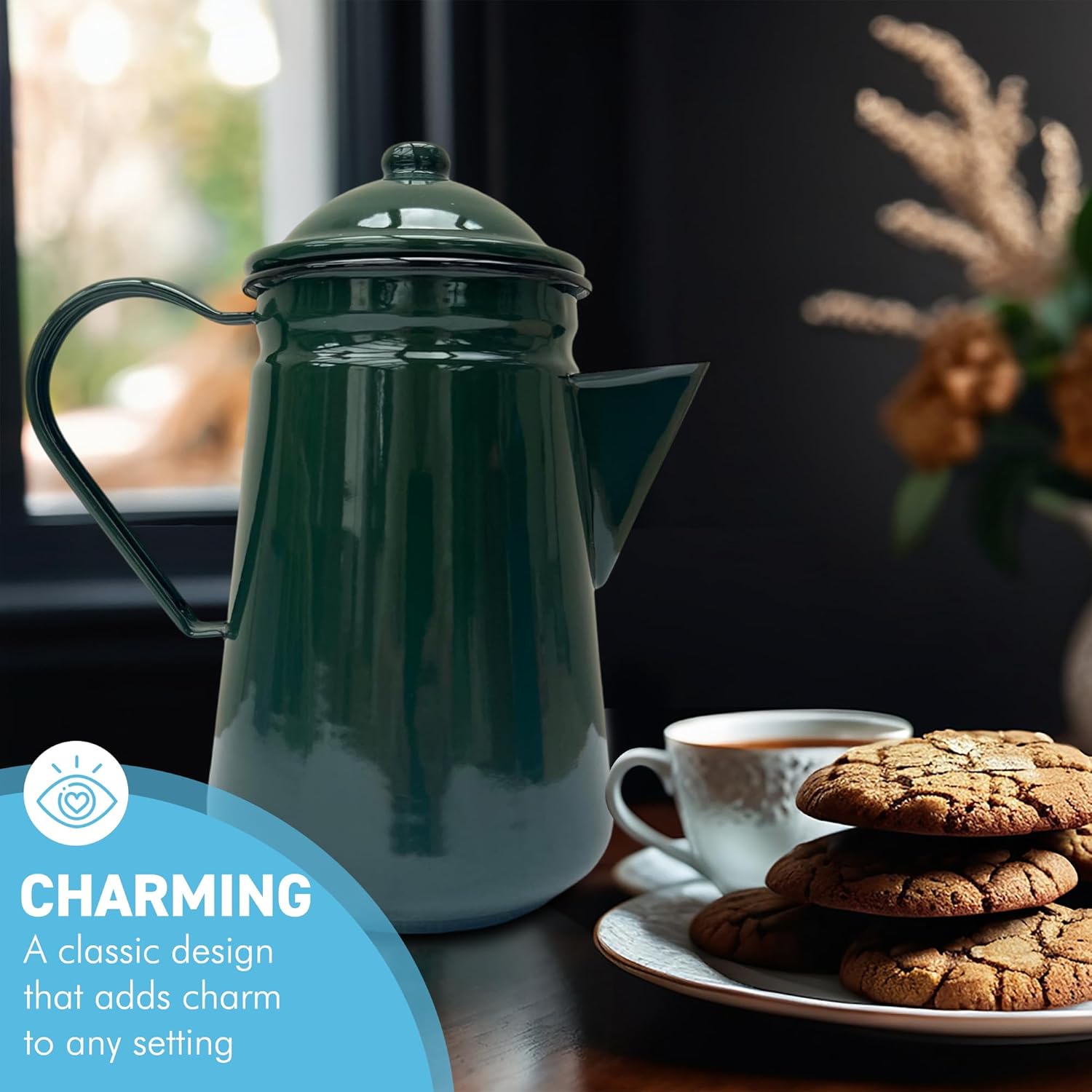 Elegant Traditional Green Enamel Coffee Pot – 1.5 Pint Capacity, Ideal for Home and Outdoor Use with Handle and Lid