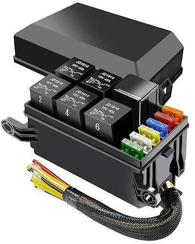 Caja de fusibles y relés de 12 V precableada, 6 ranuras de relé y 6 portafusibles ATCATO, con 6 fusibles y 5 relés JD1914 de 5 pines y 1 relé