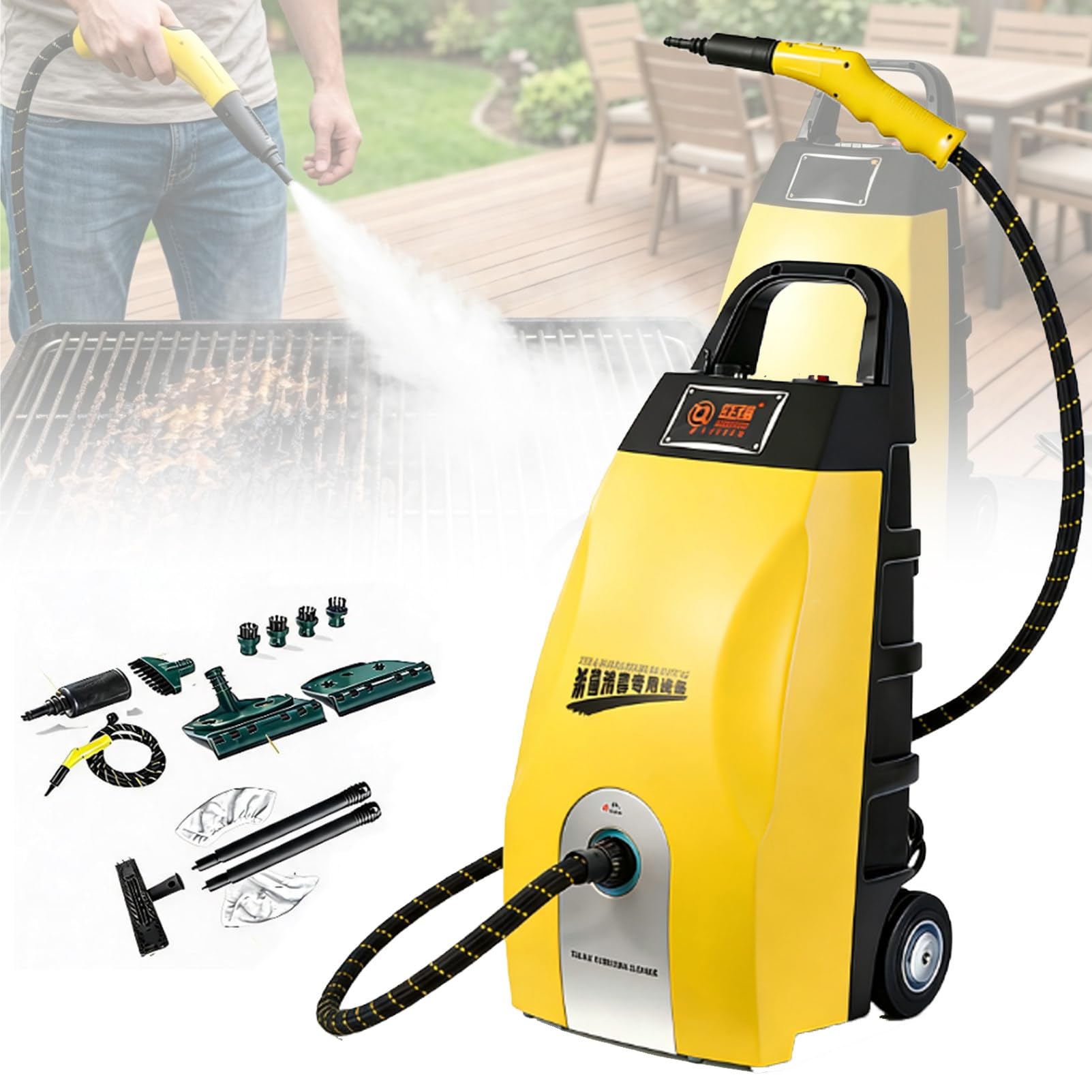 Pulitore a Vapore ad Alta Pressione per Uso Professionale. Yellow | Pulitore a vapore portatile, serbatoio capiente da 3,5 l, 6 accessori inclusi, per pavimenti, grasso e griglie.